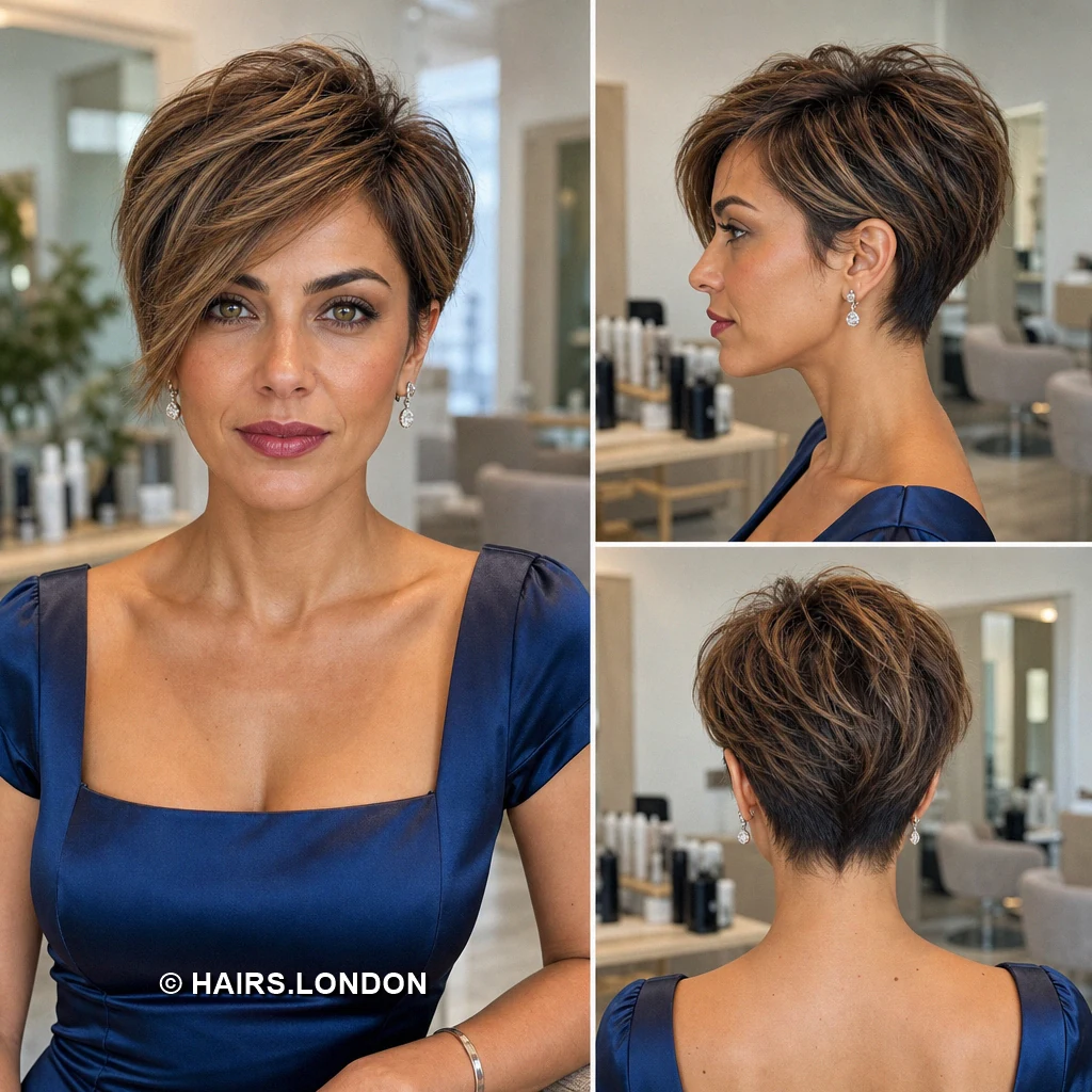 11 Highlighted Pixie Cuts with Sweeping Fringes and Textured Crowns Chestnut Diagonal Pixie