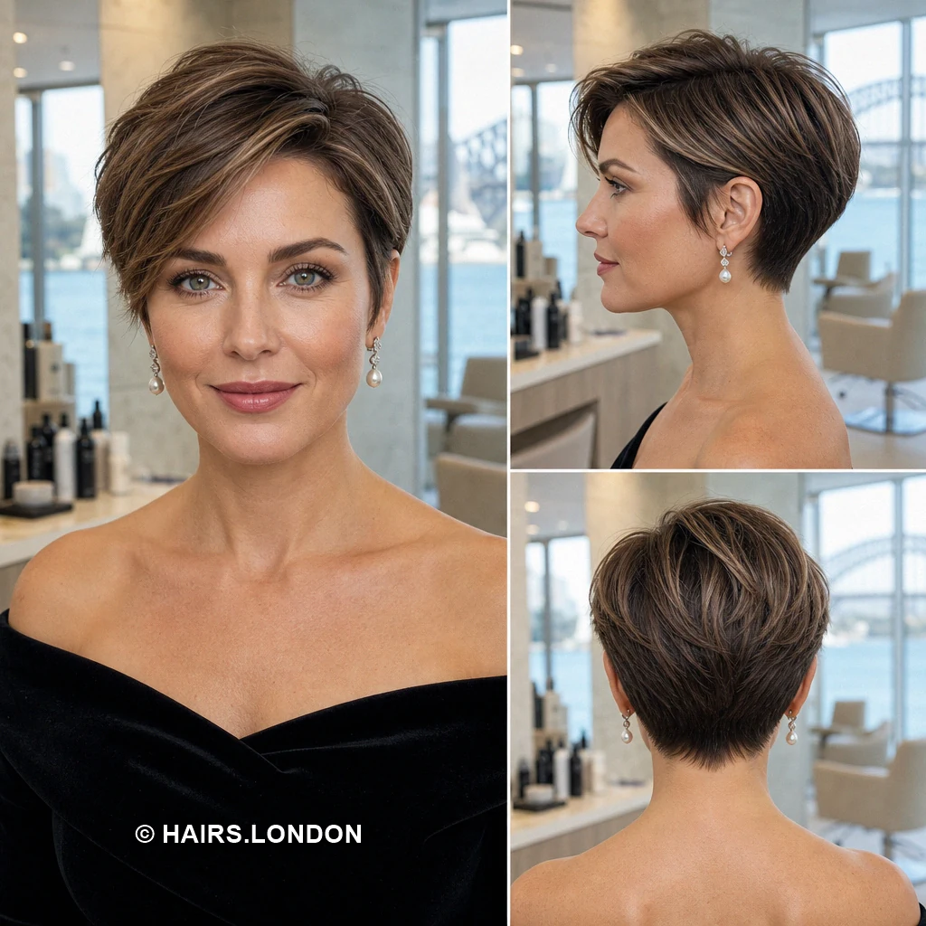 19 Textured Brunette Pixie Cuts with Swept Fringes and Tapered Napes Chestnut Diagonal Sweep