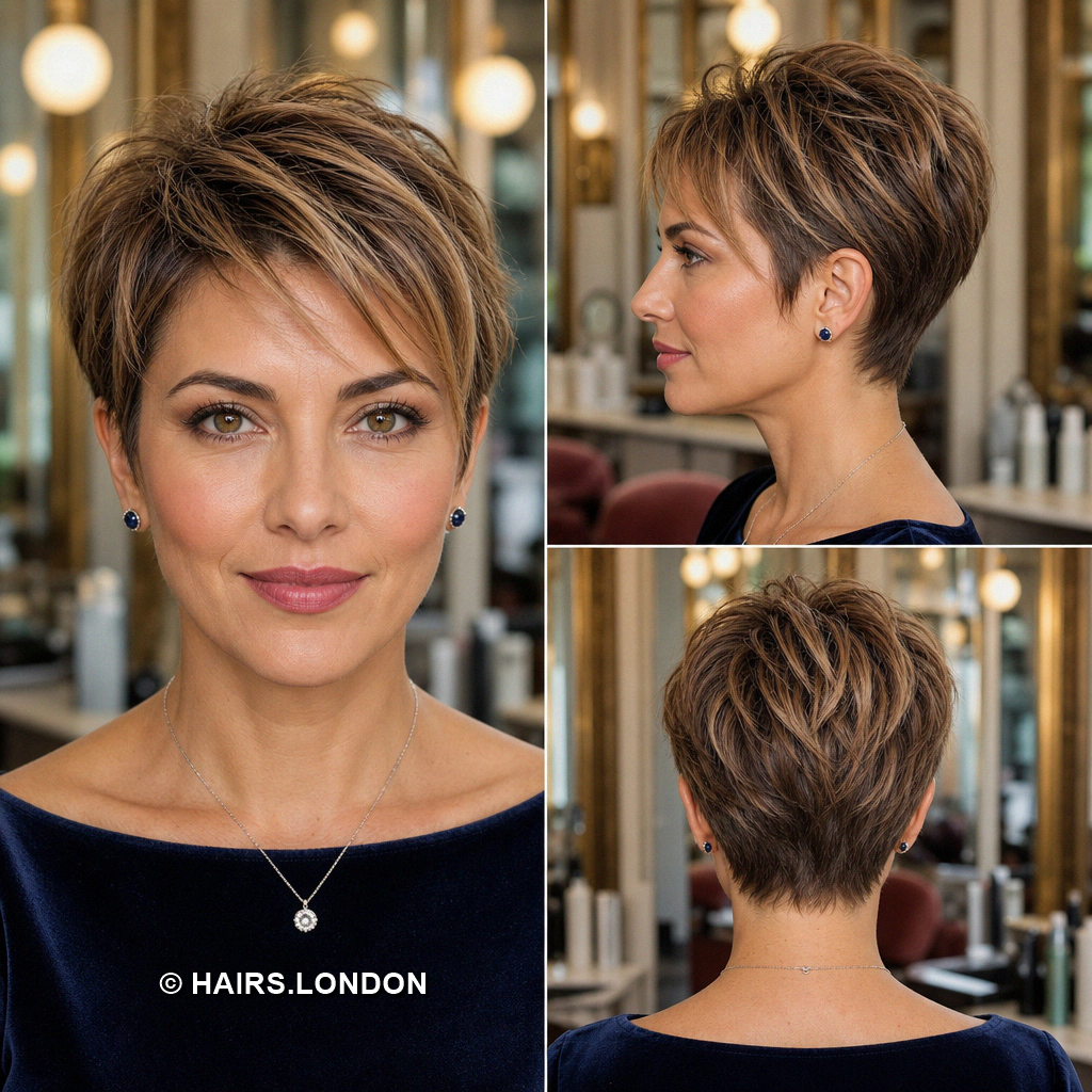 18 Highlighted Pixie Haircuts with Caramel Ribbons and Blonde Accents Chestnut Feathered Pixie
