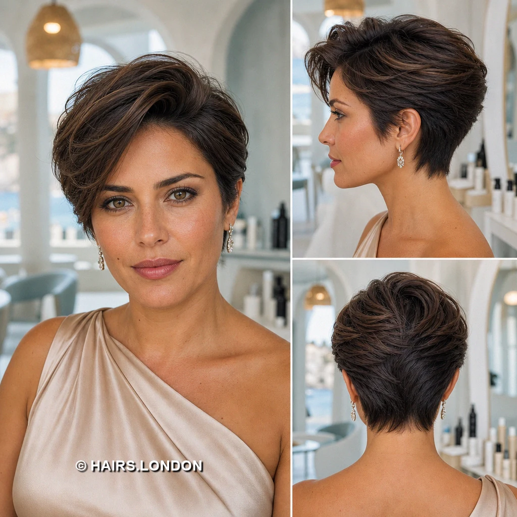 19 Textured Brunette Pixie Cuts with Swept Fringes and Tapered Napes Chestnut Parted Pixie