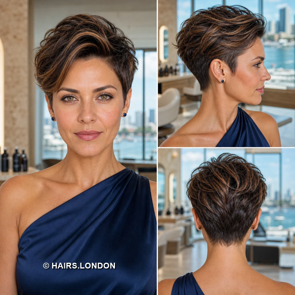 19 Textured Brunette Pixie Cuts With Shape and Movement Chestnut Polished Bangs