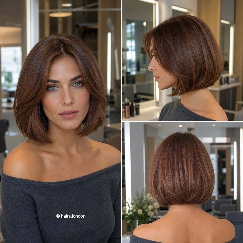 20 Brown Bob Haircuts: Rounded, Layered, Wavy and Angled Ideas Chestnut Sweeping Cut