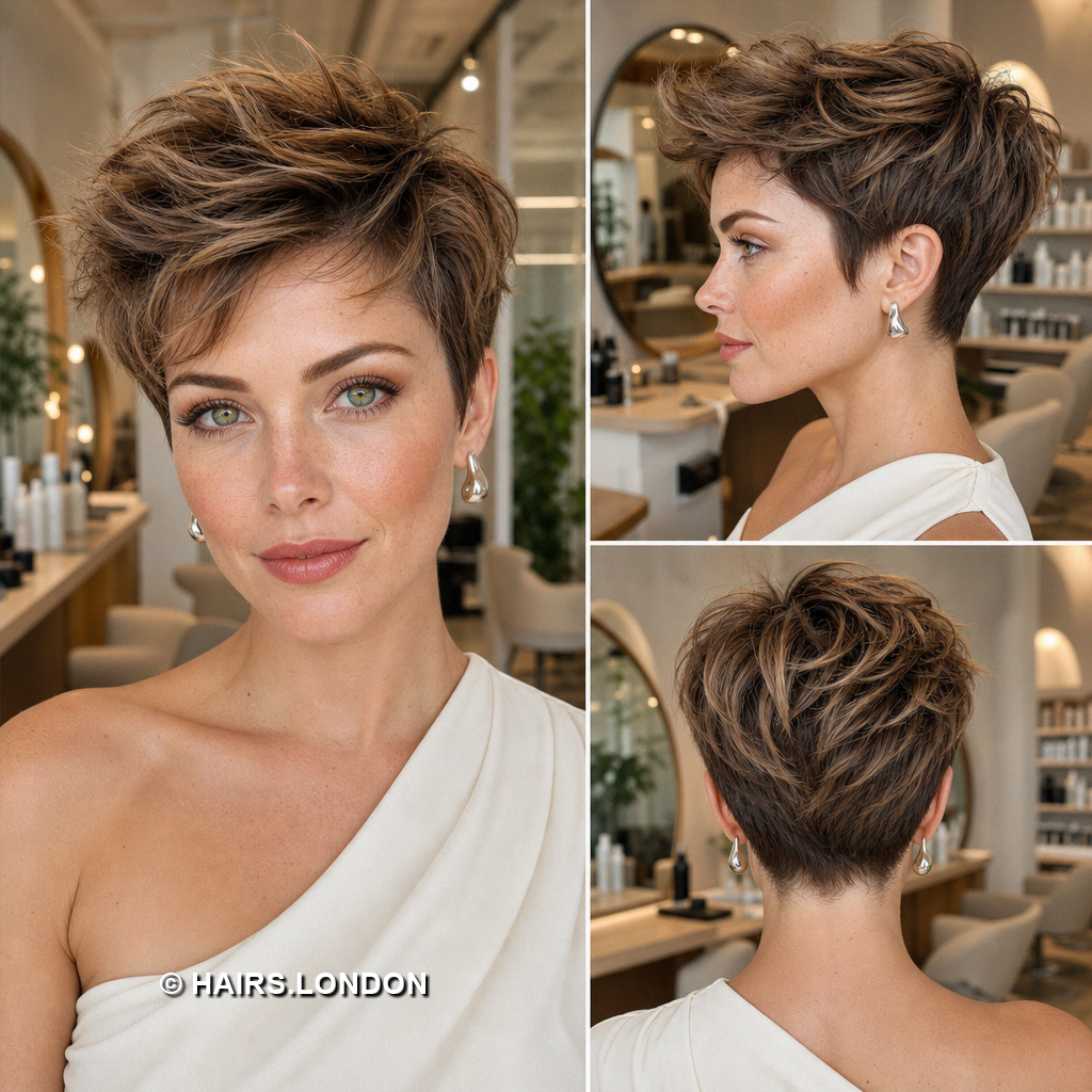 18 Highlighted Pixie Haircuts with Caramel Ribbons and Blonde Accents Chestnut Tousled Pixie