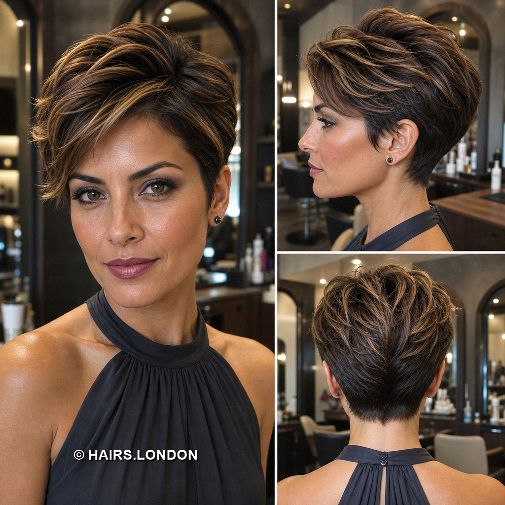 18 Highlighted Pixie Haircuts with Caramel Ribbons and Blonde Accents Chocolate Swept Pixie
