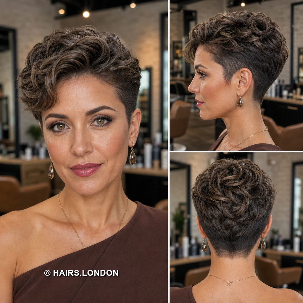 20 Short Brunette Pixie Haircuts with Curls, Sweeps, and Tapered Napes Copper Curly Taper