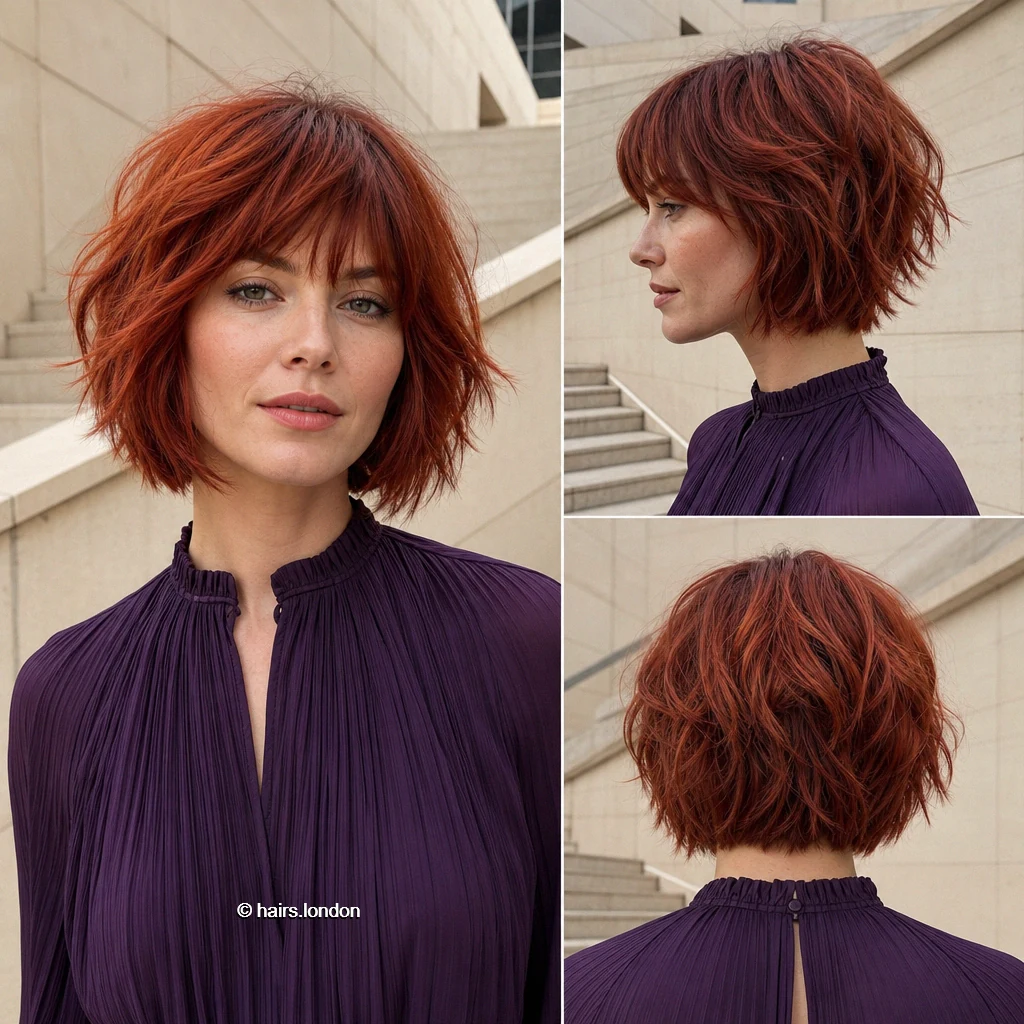 22 Red and Plum Bob Haircuts, from Sleek Lines to Textured Layers Copper Shaggy Fringe