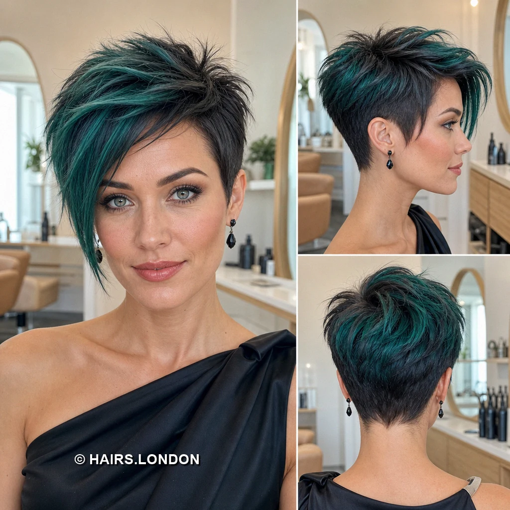 20 Teal Pixie Haircuts, from Spiky Crops to Swept Styles Emerald Brushedback Pixie