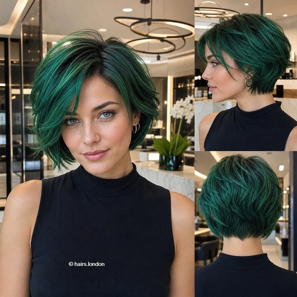 20 Blue and Green Bob Haircuts, From Sleek to Textured Emerald Swept Bob