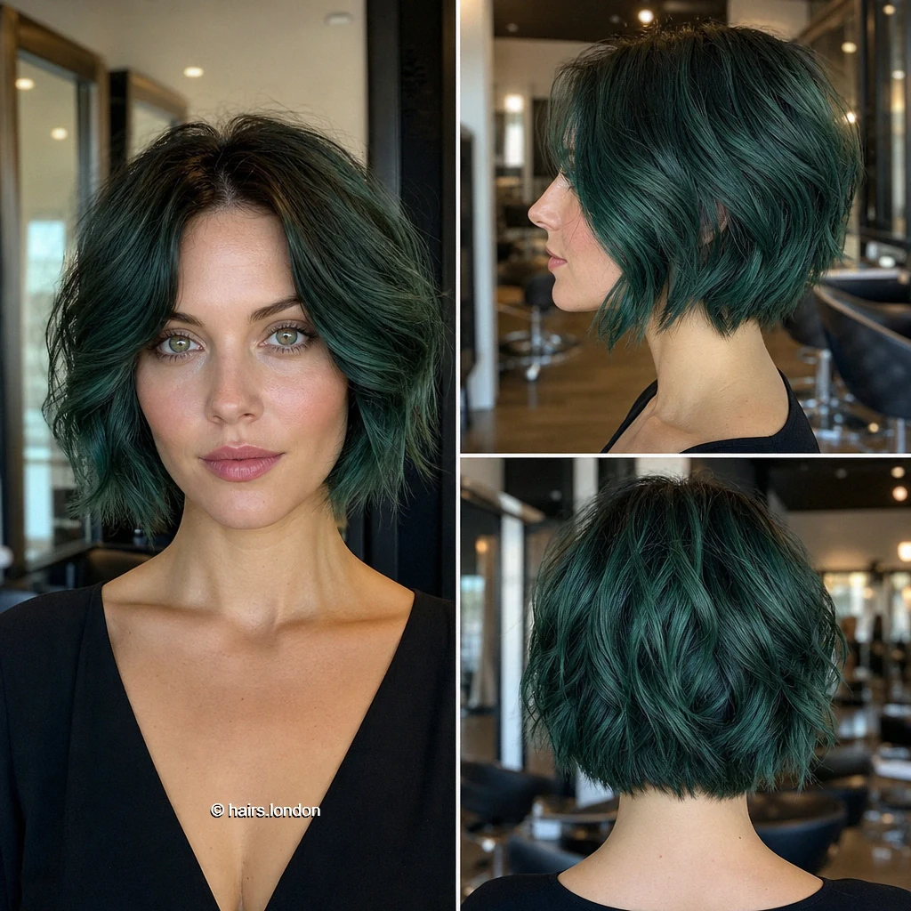 20 Blue and Green Bob Haircuts, from Sleek Angles to Tousled Layers Emerald Waved Bob