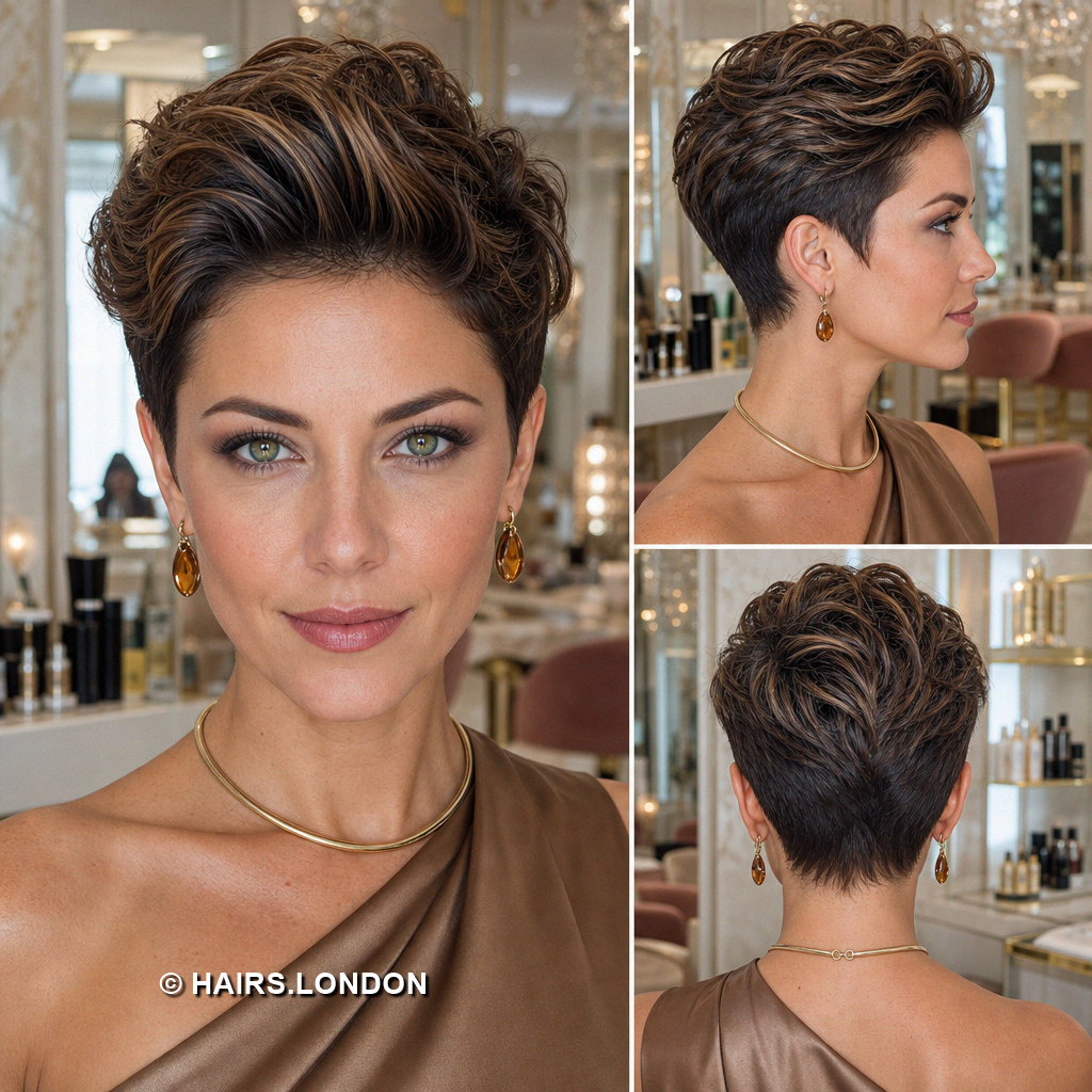 18 Highlighted Pixie Haircuts with Caramel Ribbons and Blonde Accents Espresso Curved Pixie