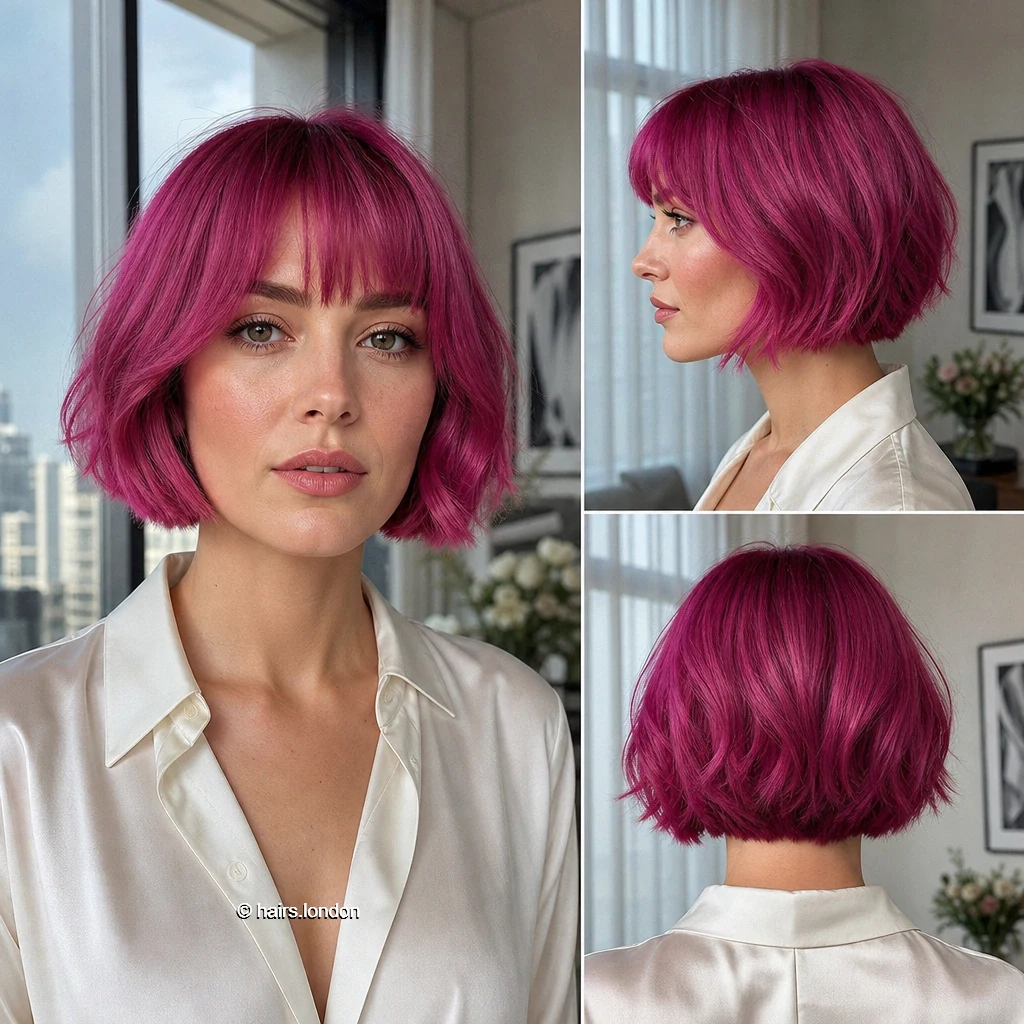 20 Colorful Bob Haircuts, From Sleek Curves to Shaggy Layers Fuchsia Textured Bob