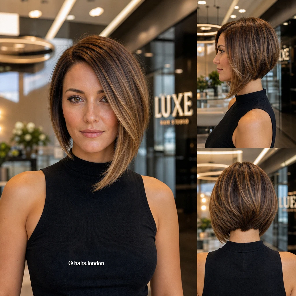 20 Brown Bob Haircuts: Rounded, Layered, Wavy and Angled Ideas Golden Angled Bob