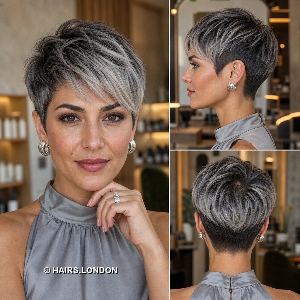 21 Silver Pixie Haircuts with Texture, Sweeping Fringes and Tapered Napes Graphite Sideflow Pixie