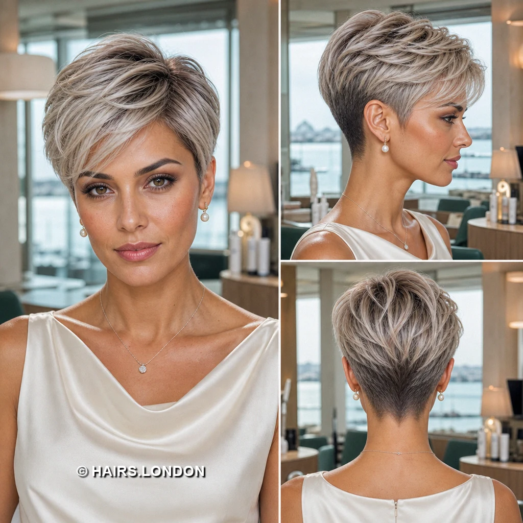 20 Silver Pixie Haircuts with Tapered Napes and Textured Crowns Gray Brushedback Crop