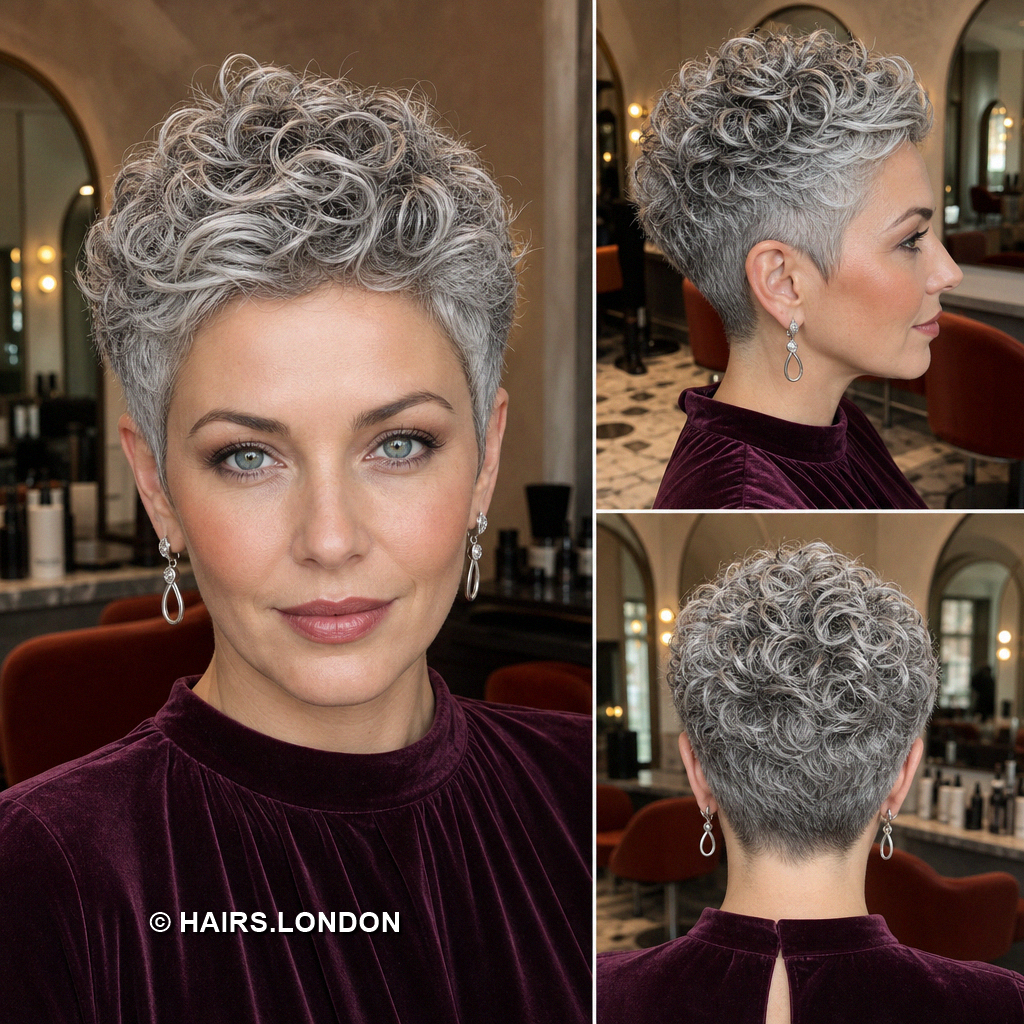 19 Silver Pixie Haircuts with Curly Crowns and Side Swept Fringes Gray Coiled Pixie