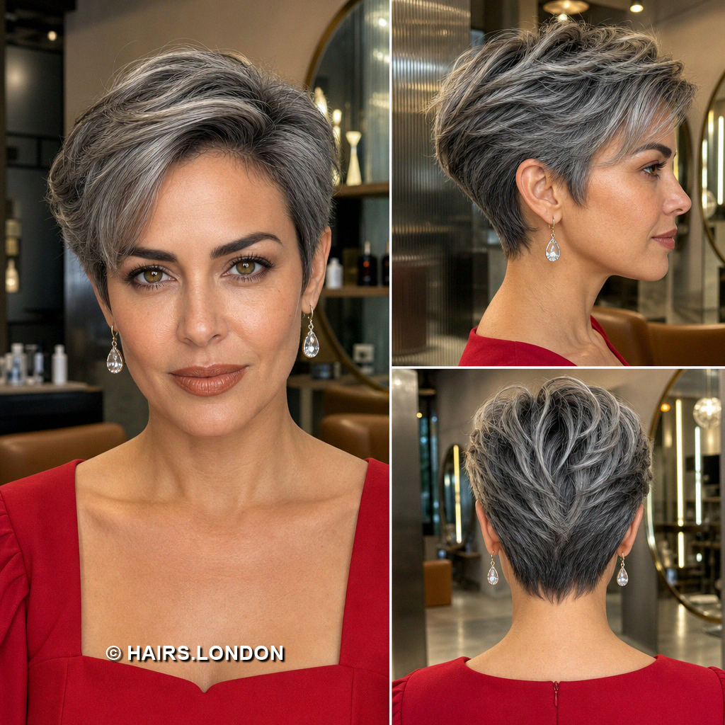 19 Silver Pixie Haircuts with Curly Crowns and Side Swept Fringes Gray Draped Pixie