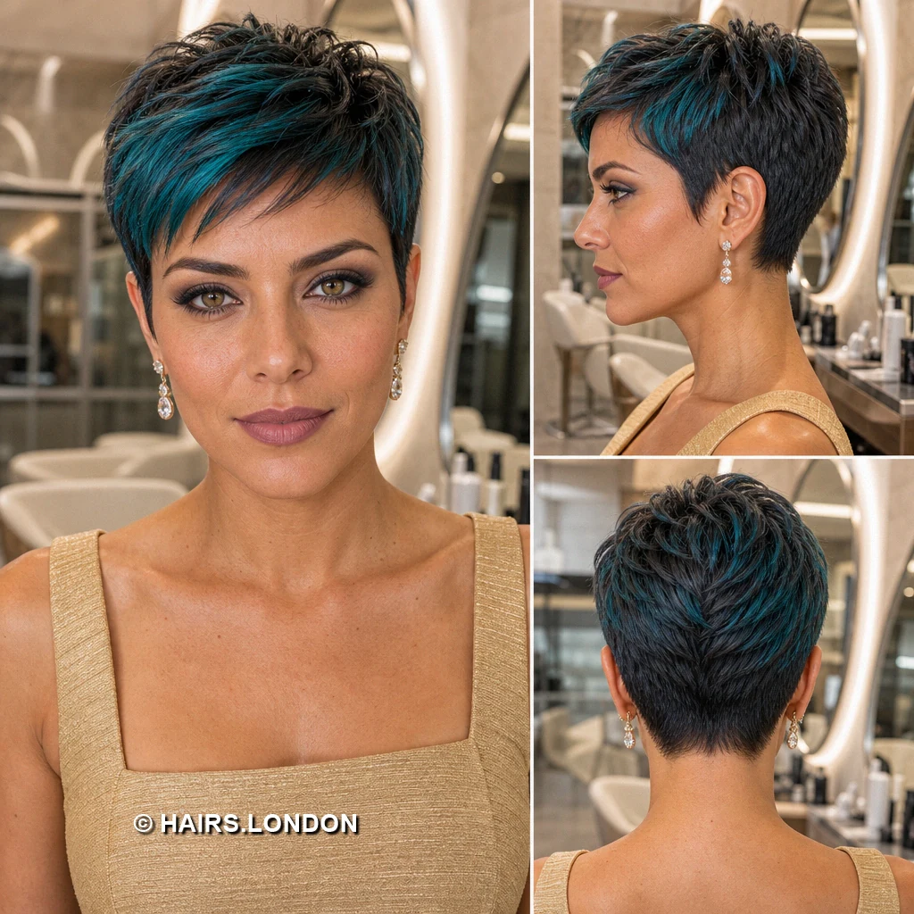 19 Teal Pixie Haircuts With Curls, Texture, and Sculpted Height Green Curved Pixie