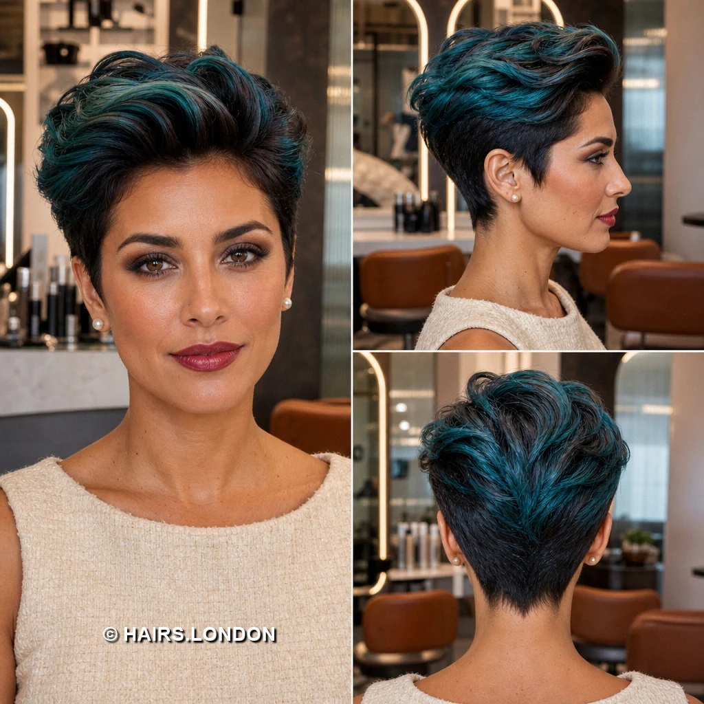 12 Teal and Green Pixie Cuts with Texture, Swept Fringes, and Tapered Napes Green Sidefringe Pixie