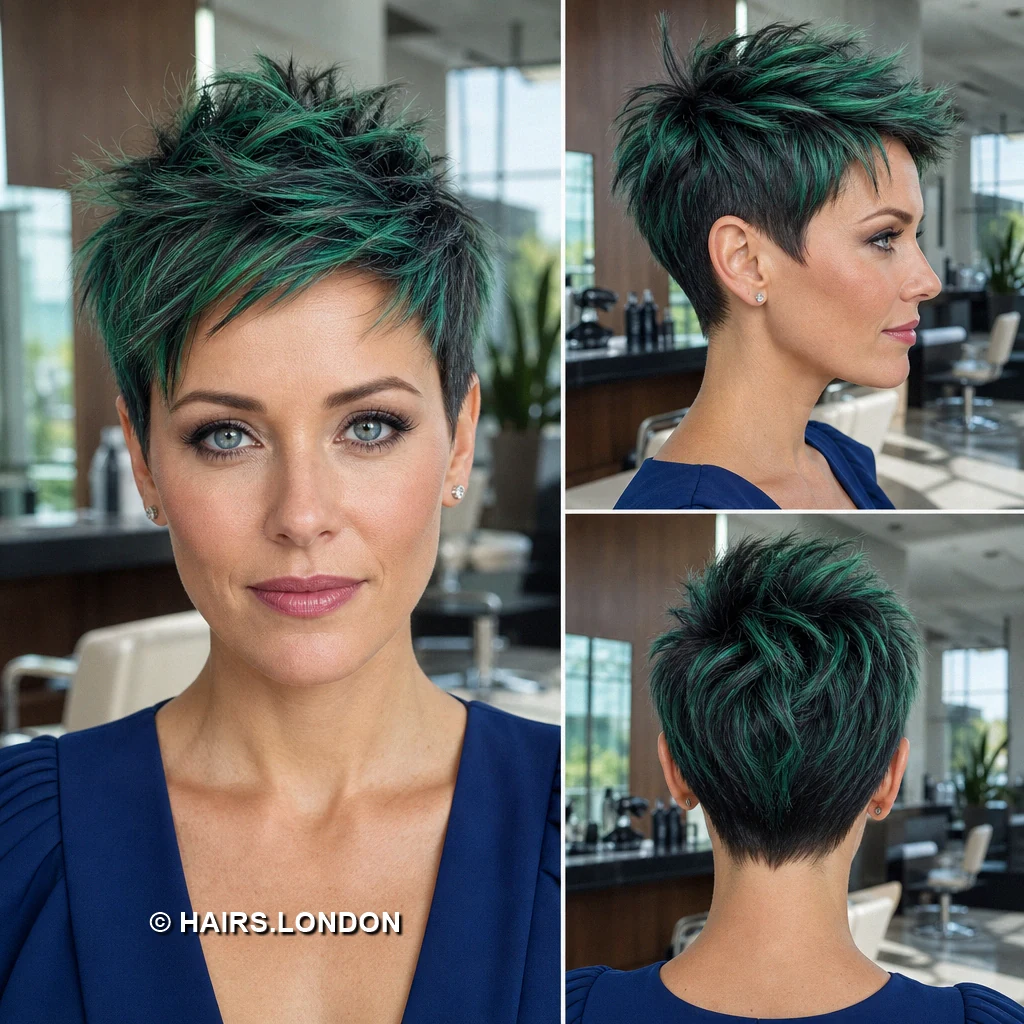 19 Teal Pixie Haircuts With Curls, Texture, and Sculpted Height Green Swept Quiff