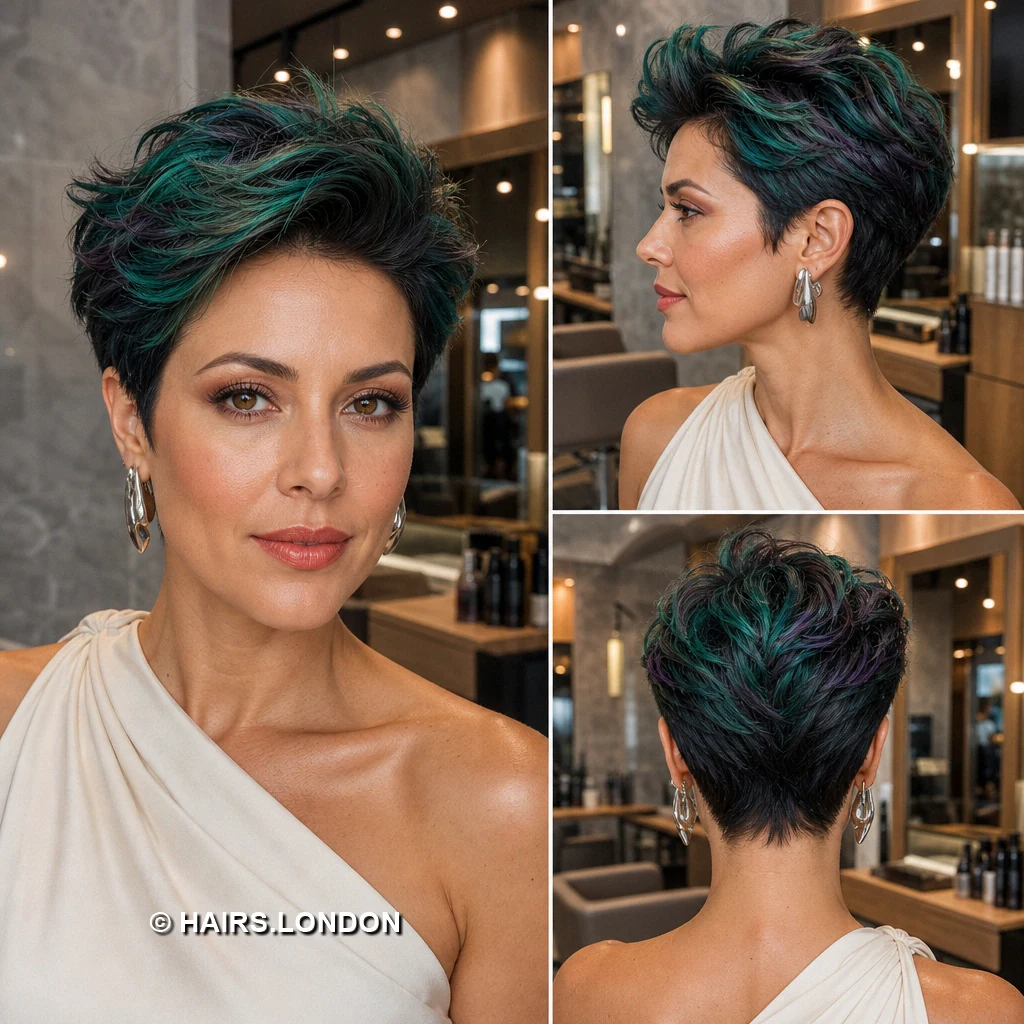 12 Teal and Green Pixie Cuts with Texture, Swept Fringes, and Tapered Napes Green Wispy Pixie
