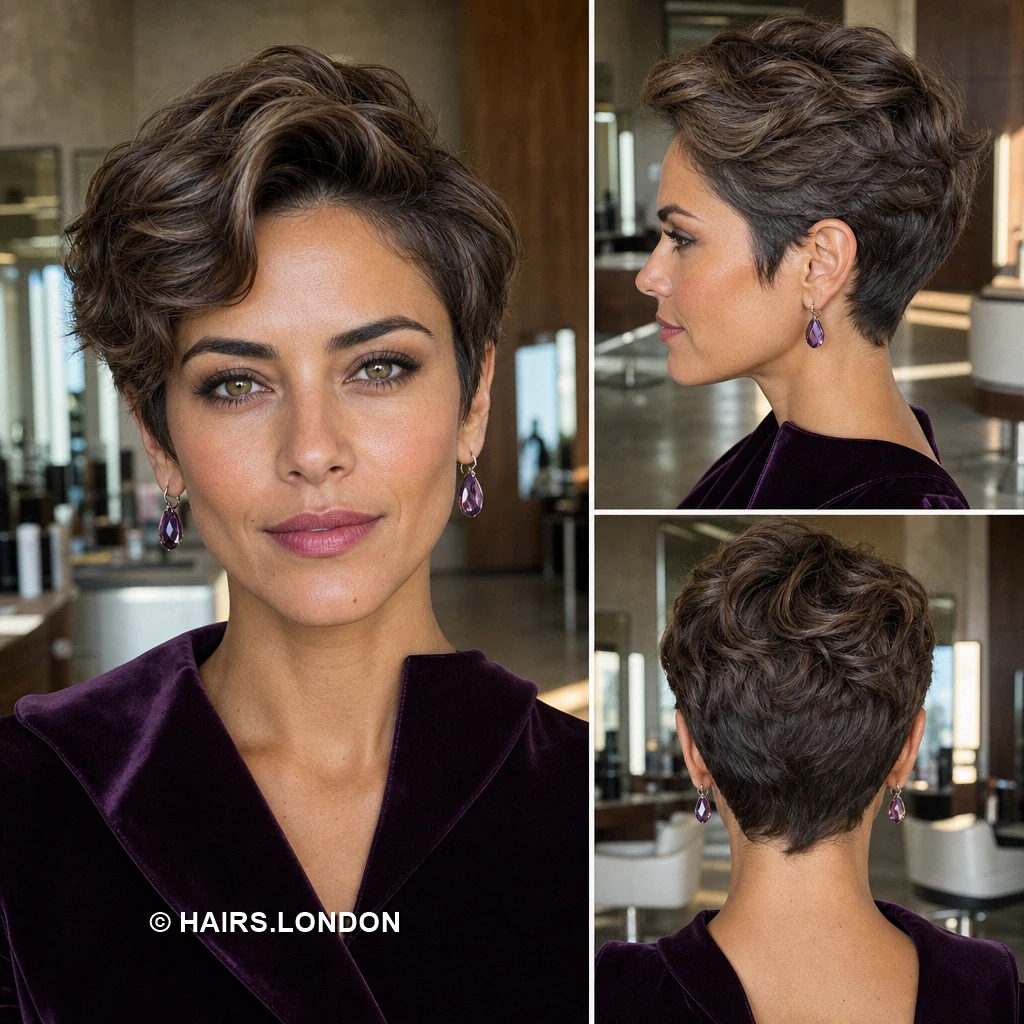 19 Textured Brunette Pixie Cuts with Swept Fringes and Tapered Napes Hazelnut Diagonal Pixie