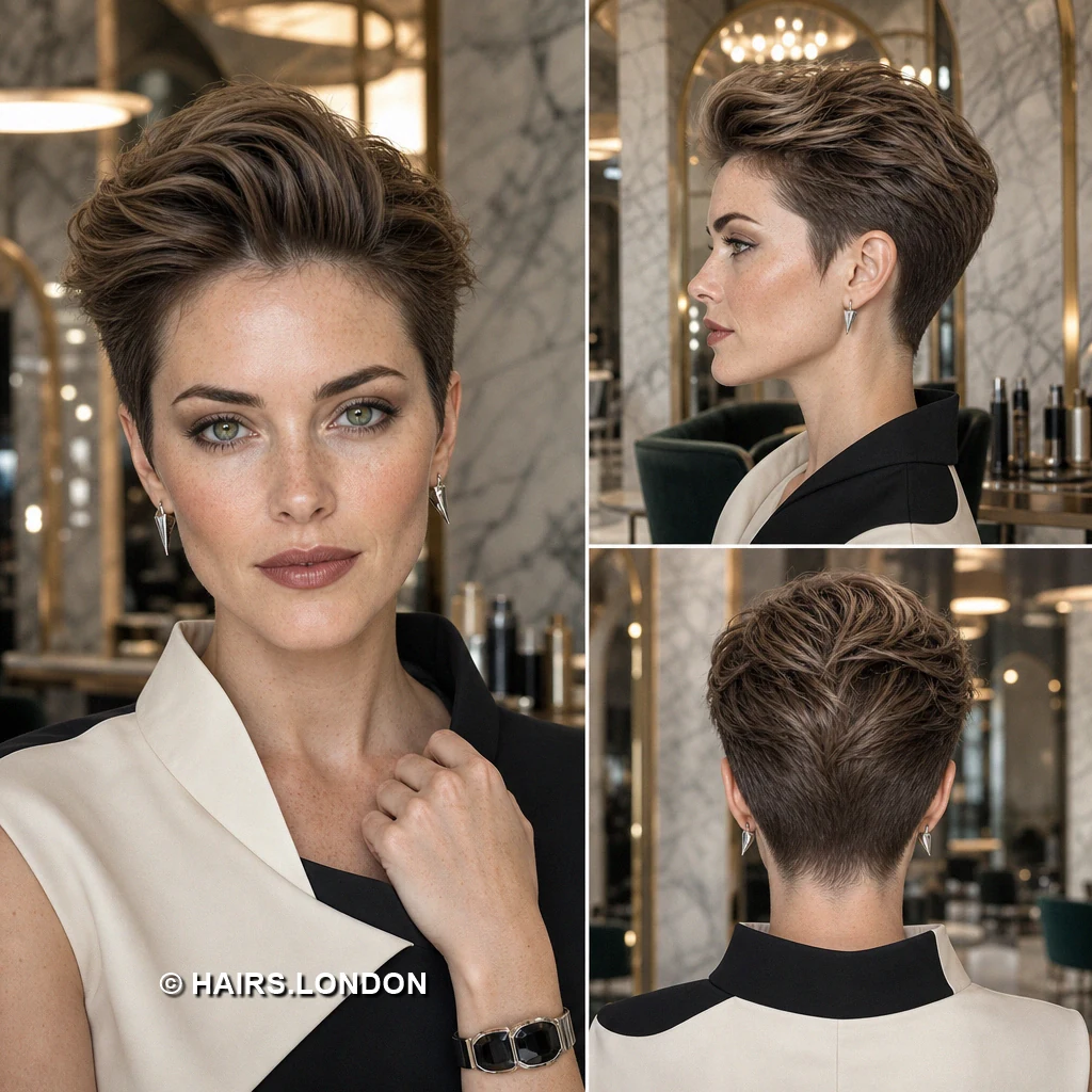 19 Textured Brunette Pixie Cuts with Swept Fringes and Tapered Napes Honey Rolled Pixie