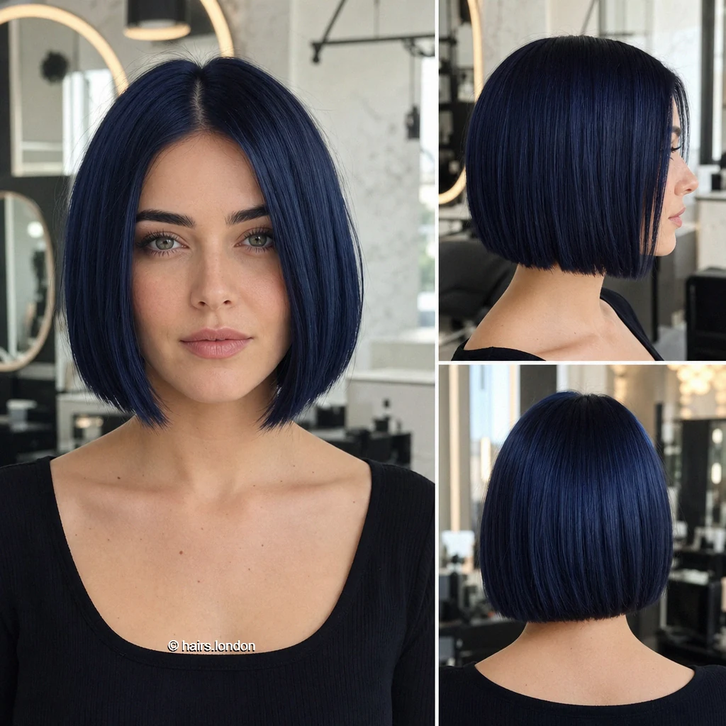 20 Blue and Green Bob Haircuts, from Sleek Angles to Tousled Layers Indigo Precision Bob