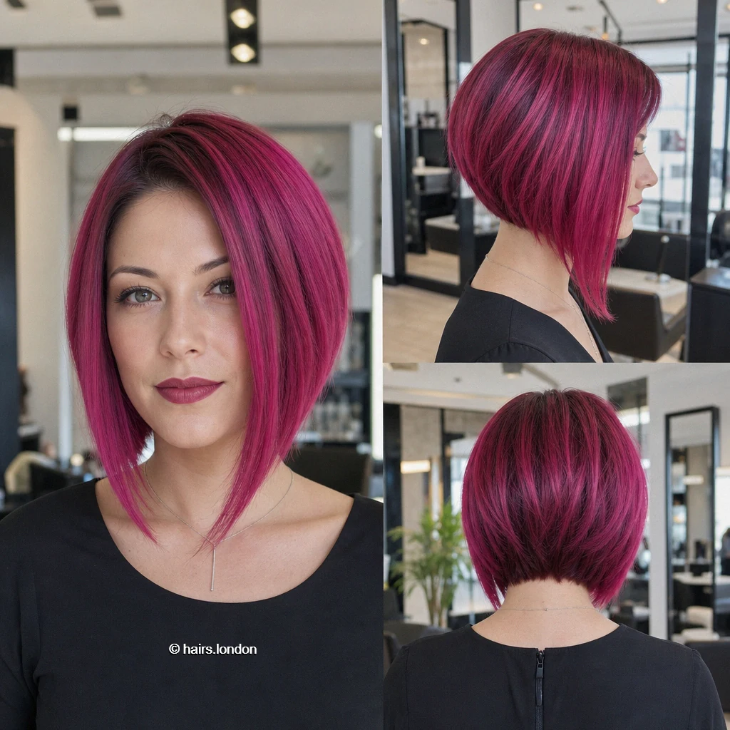 20 Colorful Bob Haircuts, From Sleek Jaw-Length Cuts to Layered Shapes Magenta Angled Bob