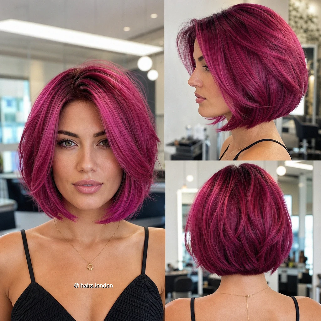 20 Colorful Bob Haircuts, From Rounded Shapes to Airy Layers Magenta Layered Bob