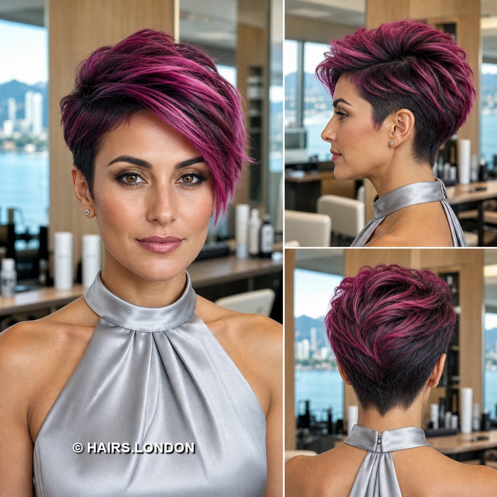 17 Purple Pixie Haircuts with Sweeping Fringes and Textured Crowns Magenta Side-Swept Pixie