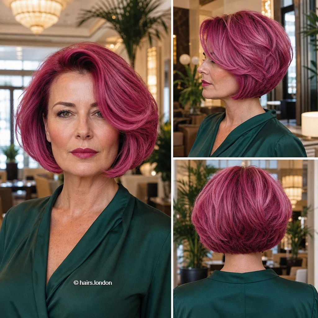 20 Colorful Bob Haircuts, From Sleek Curves to Shaggy Layers Magenta Stacked Bob