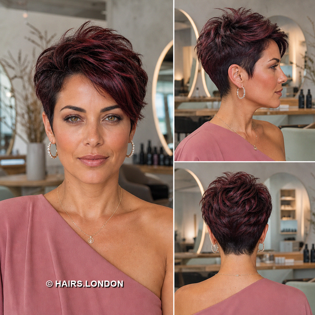 19 Burgundy Pixie Haircuts with Cherry Ribbons, Curls, and Quiffs Mahogany Tousled Pixie