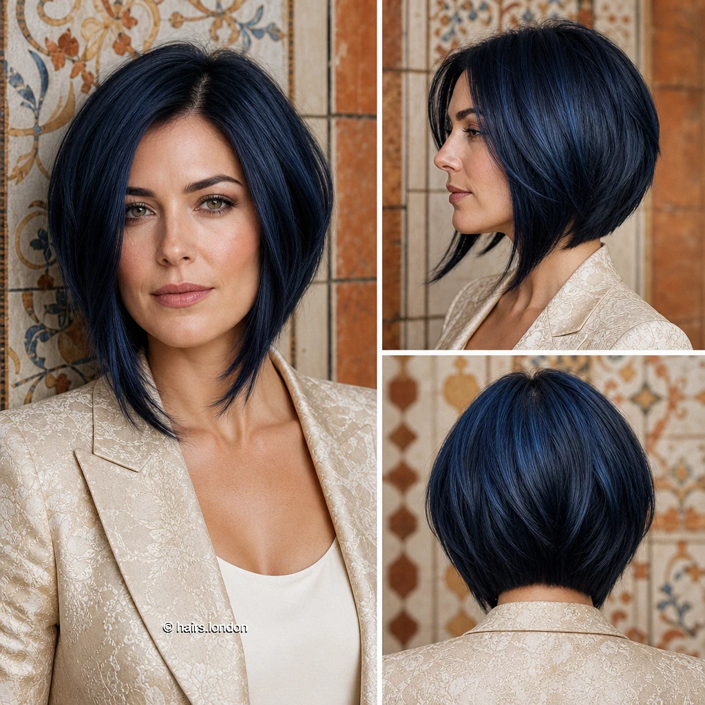 20 Blue and Green Bob Haircuts, From Sleek Angles to Tousled Layers Midnight Layered Bob