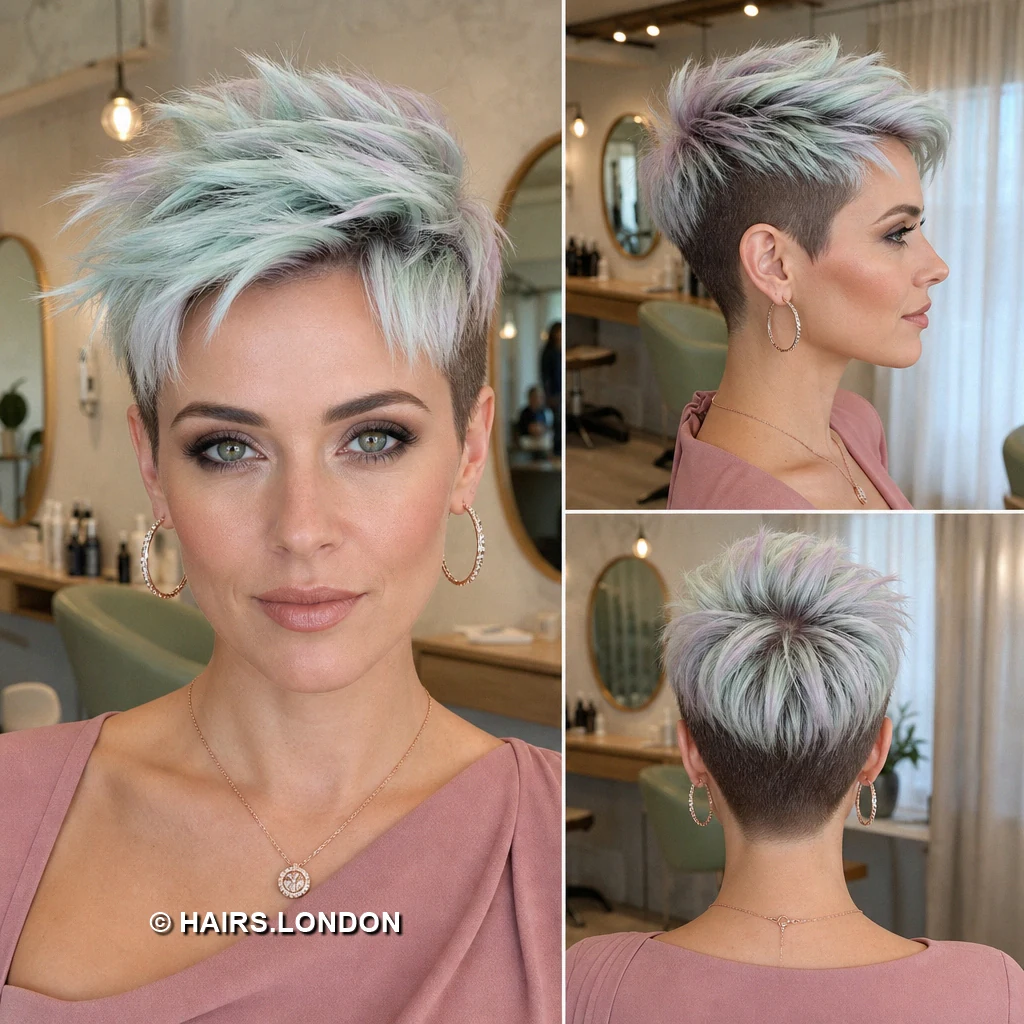 12 Pastel Pixie Cuts with Swept Fringes, Textured Crowns, and Tapered Napes Mint Streaked Pixie