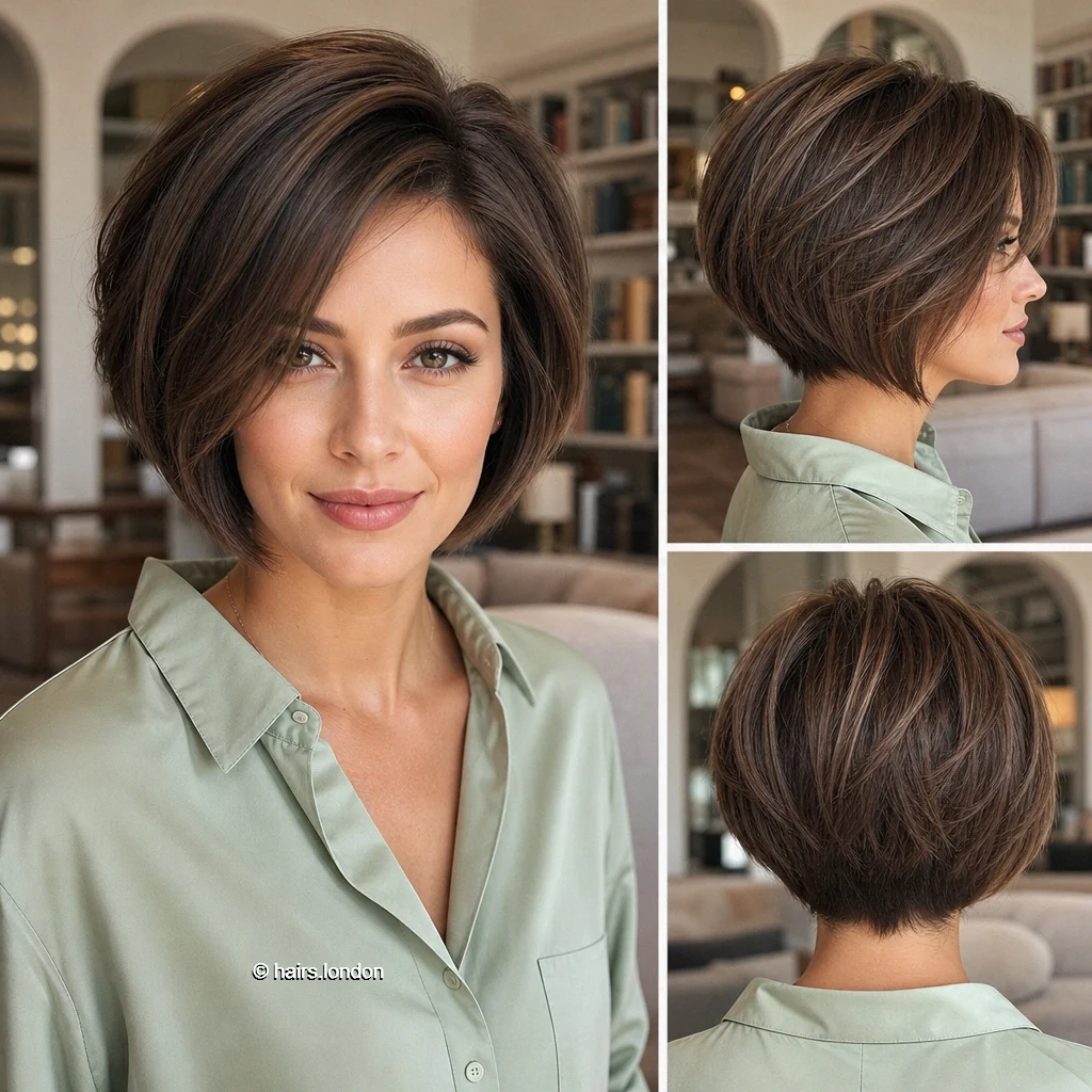 25 Brunette Bob Haircuts, From Sleek Jawline Shapes to Textured Lobs Mocha Graduated Sweep