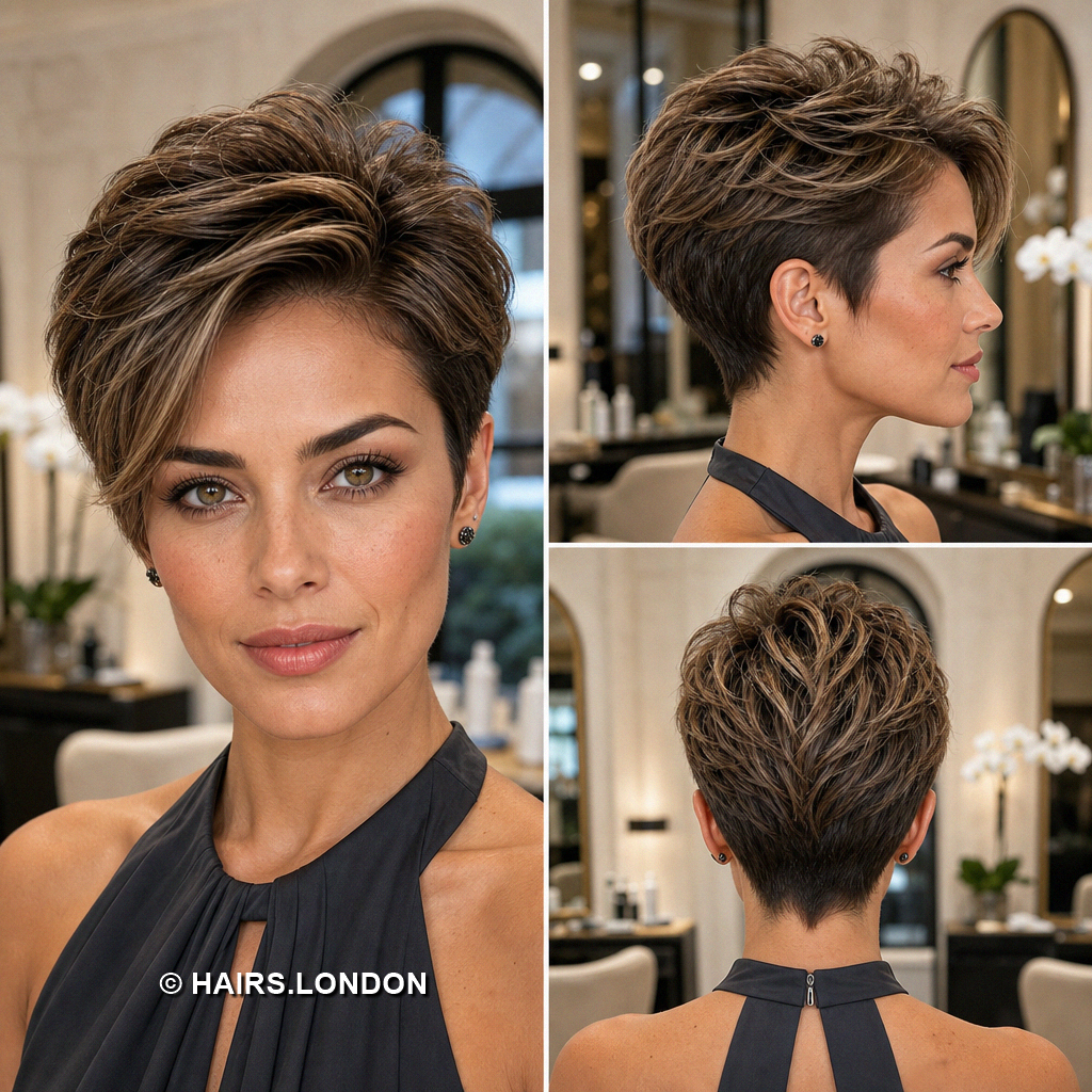 18 Highlighted Pixie Haircuts with Caramel Ribbons and Blonde Accents Mocha Layered Pixie