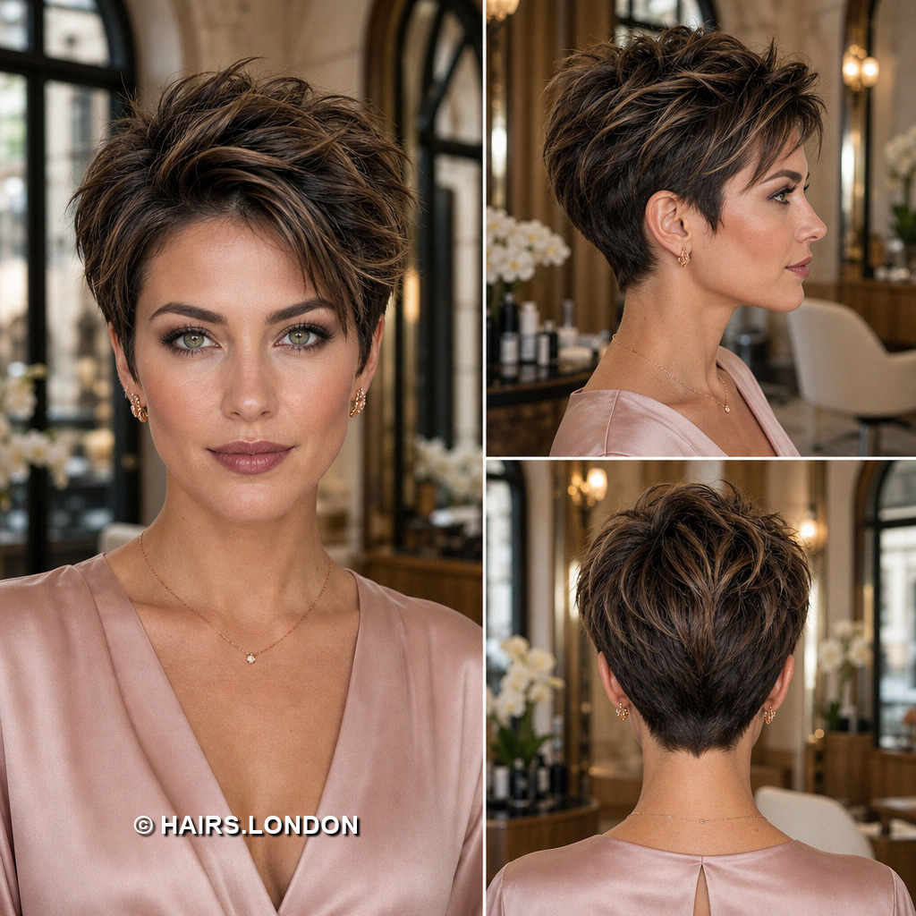 18 Highlighted Pixie Haircuts with Caramel Ribbons and Blonde Accents Mocha Textured Pixie