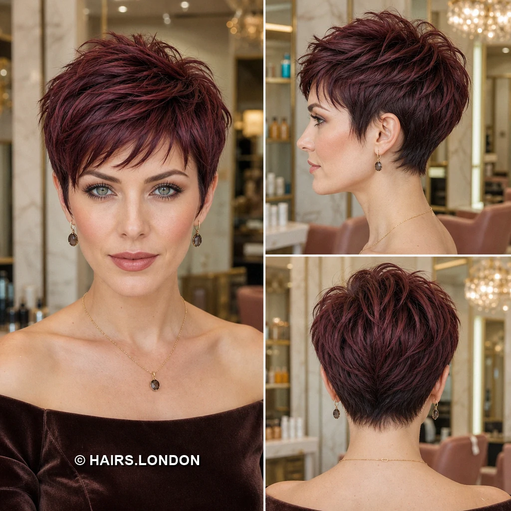 17 Burgundy Pixie Haircuts with Rich Dimension and Modern Texture mulberry feathered pixie