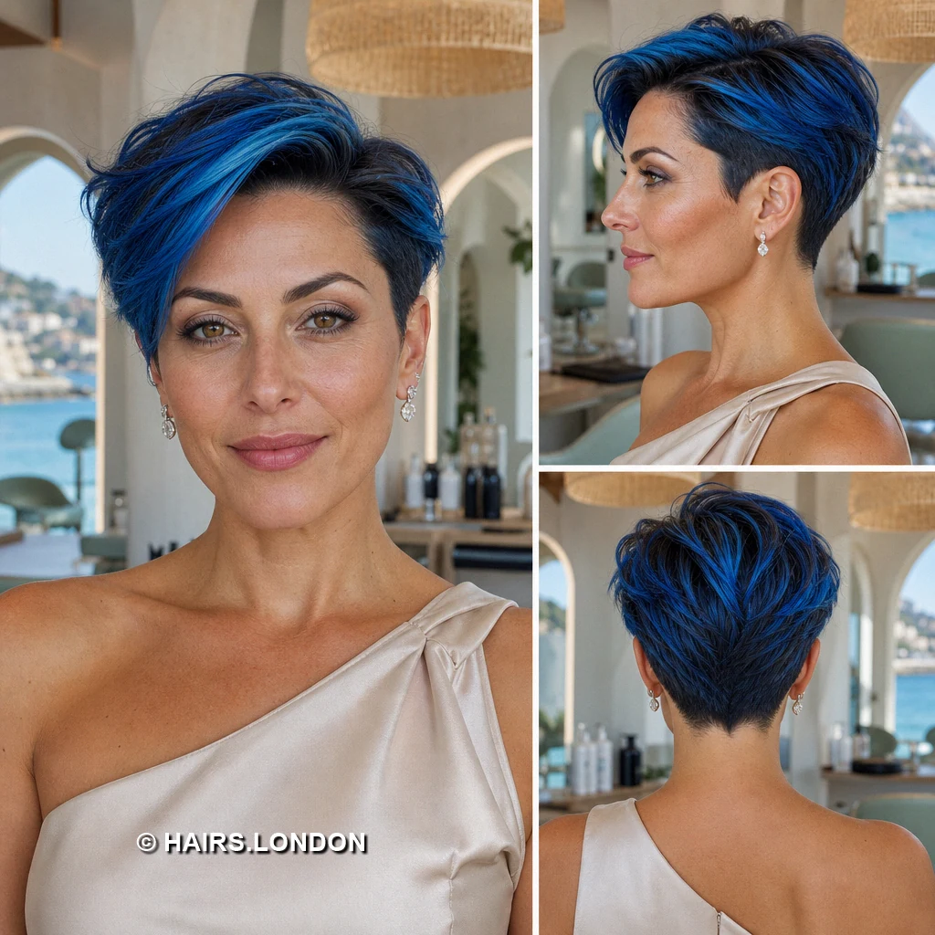 19 Blue Pixie Haircuts with Texture, Swept Fringes, and Teal Details Navy Curved Pixie