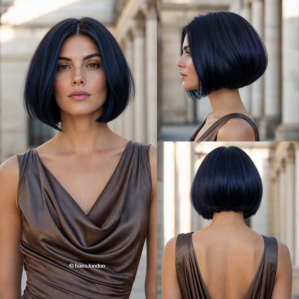 20 Bob Haircuts in Dark and Vivid Colors, From Rounded to Shaggy Navy Glossy Bob