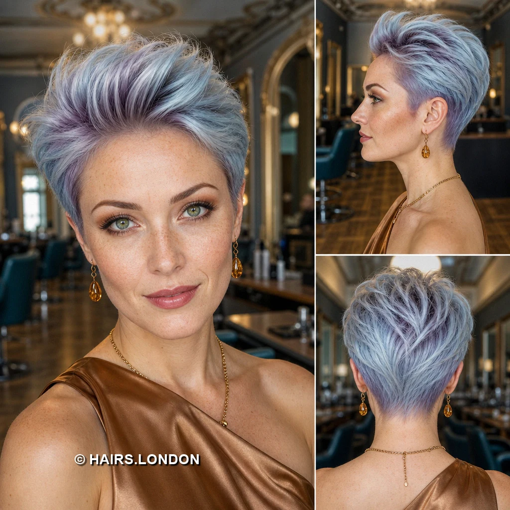 12 Pastel Pixie Cuts with Swept Fringes, Textured Crowns, and Tapered Napes Navy Streaked Pixie