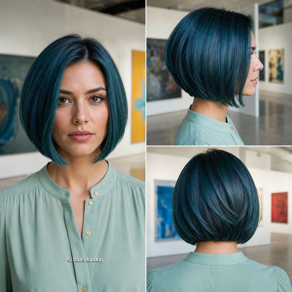 20 Teal Bob Haircuts, From Sleek Jaw-Length Shapes to Textured Short Bobs Petrol Curved Bob