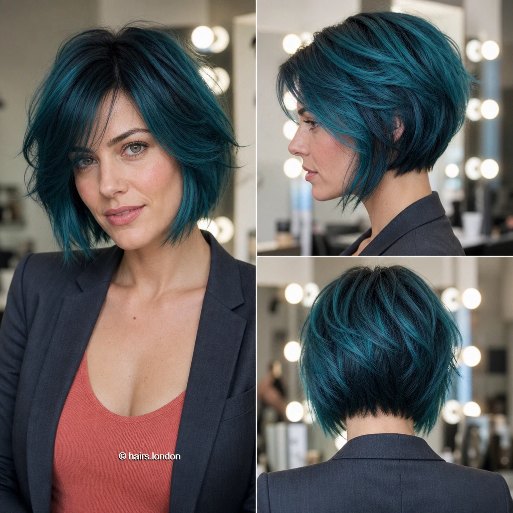 20 Teal Bob Haircuts, From Sleek Jaw-Length Shapes to Textured Short Bobs Petrol Graduated Bob
