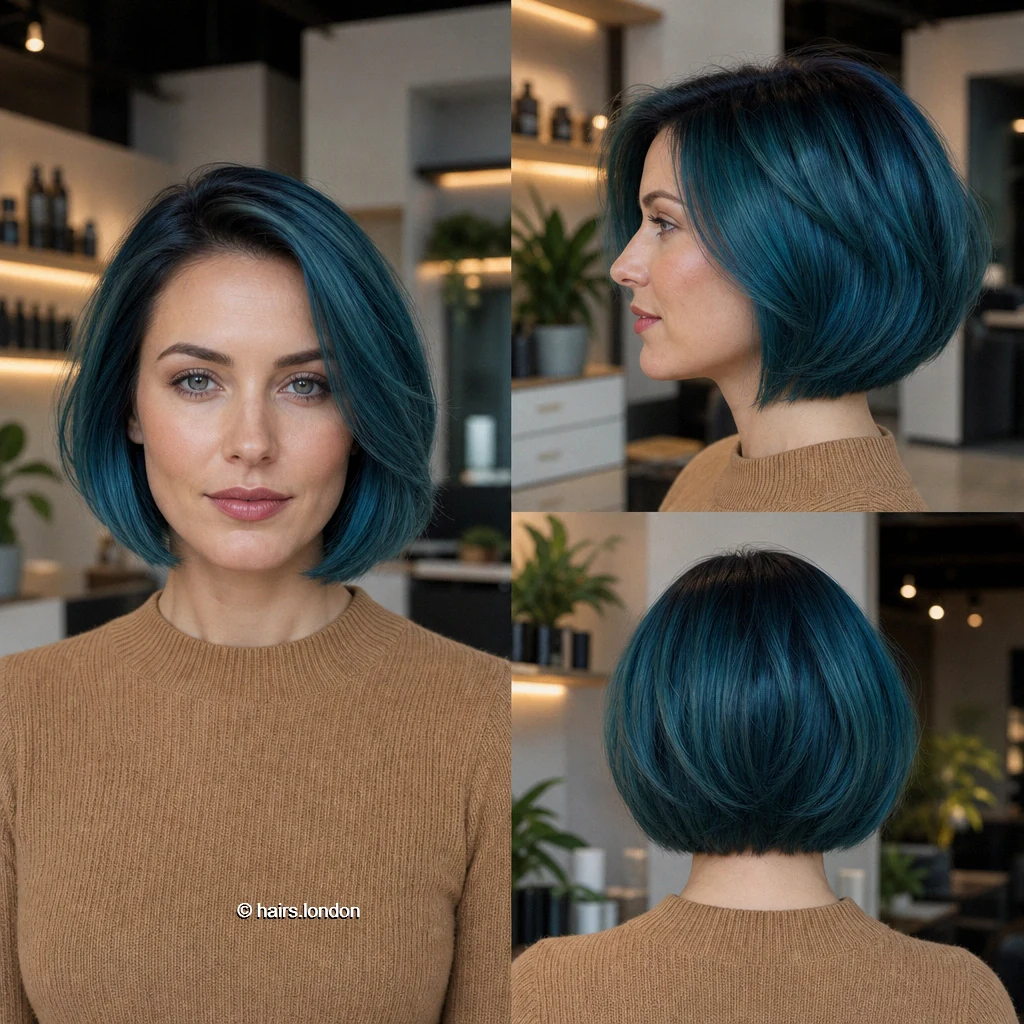 20 Short Bob Haircuts in Blue and Green: From Blunt to Layered Petrol Polished Bob
