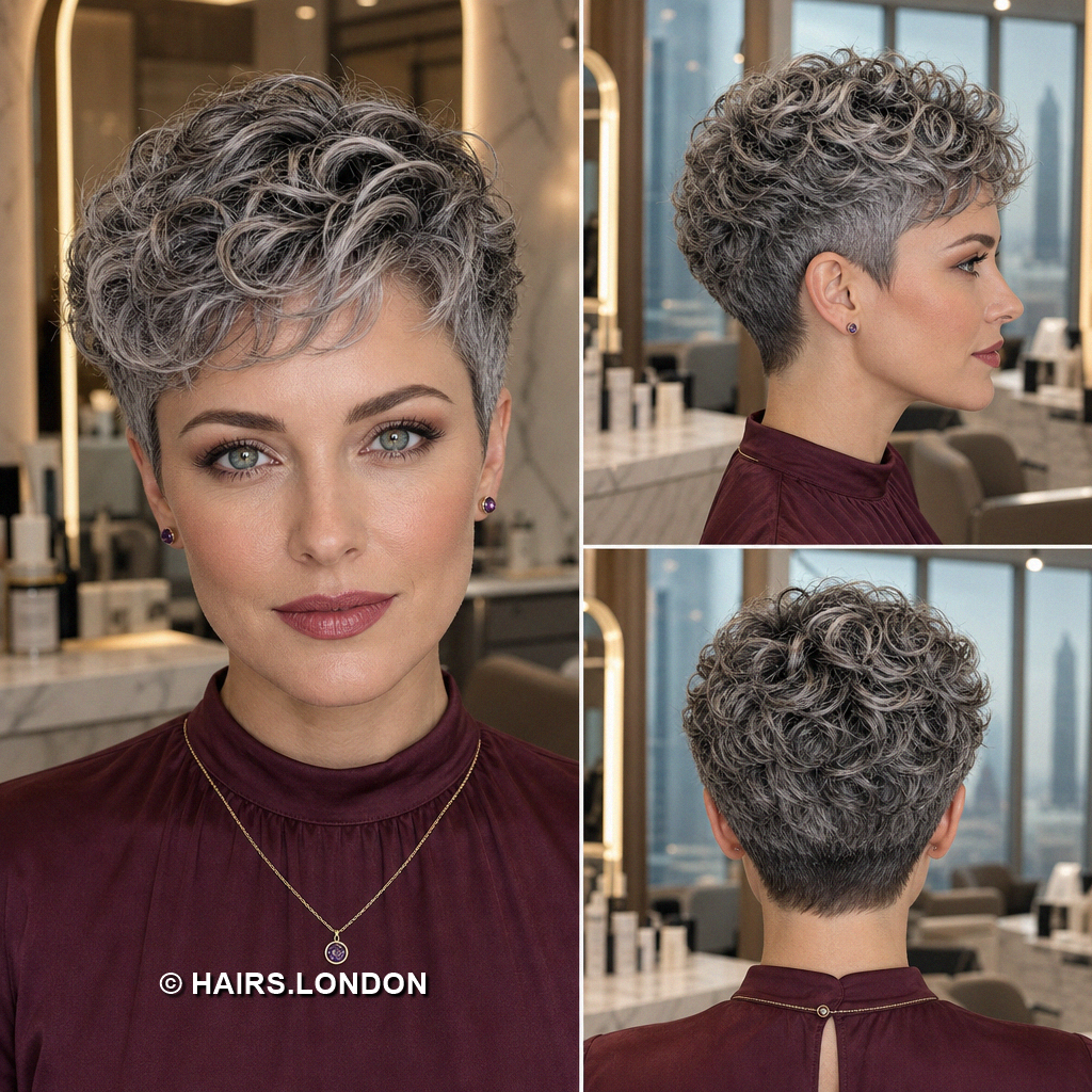 19 Silver Pixie Haircuts with Curly Crowns and Side Swept Fringes Pewter Curly Pixie