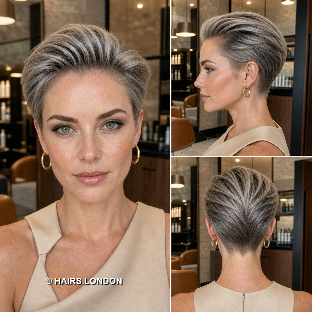 19 Silver Pixie Haircuts with Curly Crowns and Side Swept Fringes Pewter Slicked Pixie