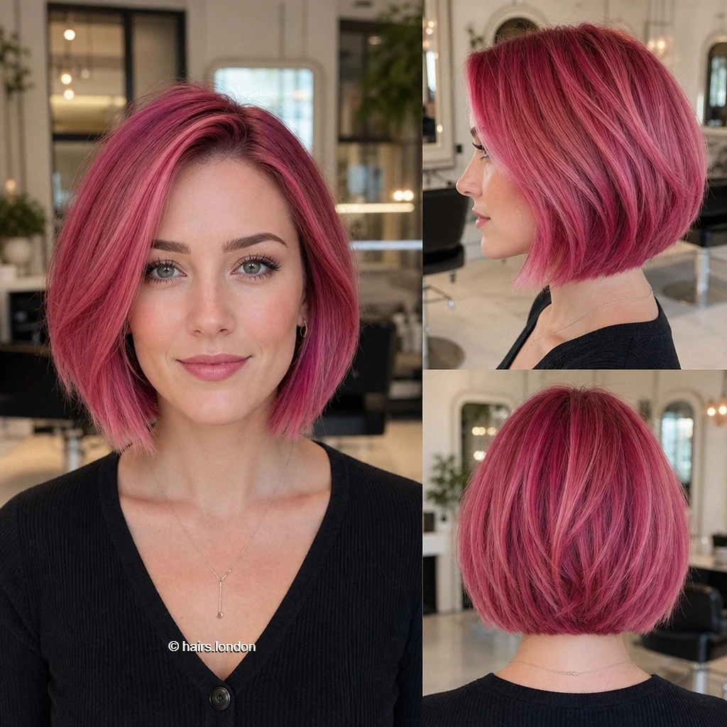 20 Colorful Bob Haircuts, From Rounded Shapes to Airy Layers Pink Angled Bob