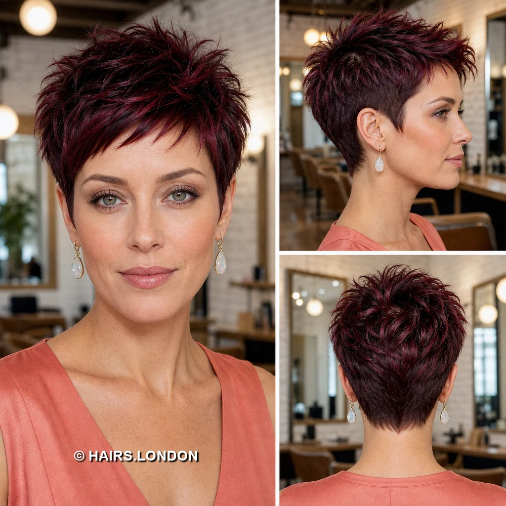 19 Burgundy Pixie Haircuts with Swept Fringe, Texture, and Tapered Napes Plum Crown Pixie