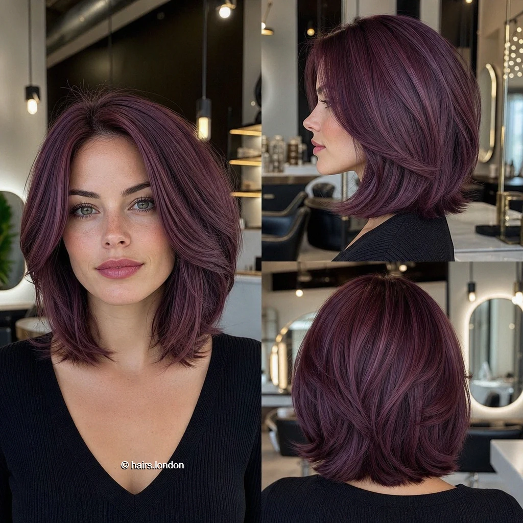 22 Bob Haircut Ideas: Sleek Angles, Soft Layers and Textured Shapes Plum Feathered Bob