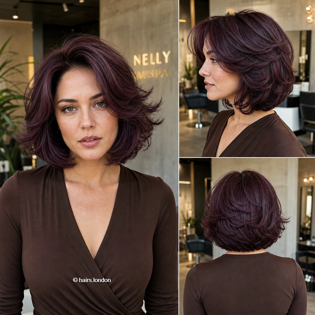 20 Colorful Bob Haircuts, From Sleek Curves to Shaggy Layers Plum Flicked Bob